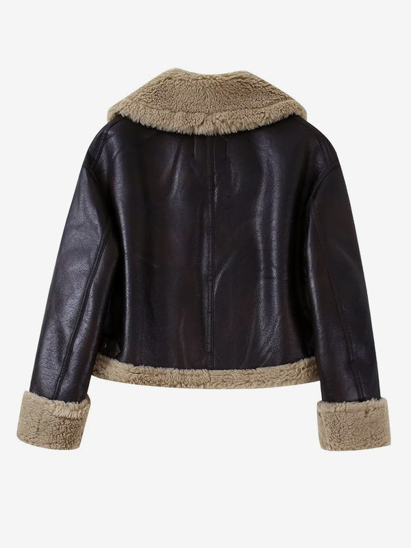 Brown Faux Shearling Lined Moto Jacket Wide Fluffy Collar Zip Cuff Short Biker Coat