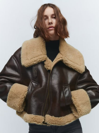 Brown Faux Shearling Lined Moto Jacket Wide Fluffy Collar Zip Cuff Short Biker Coat
