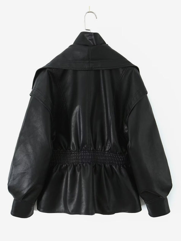 Oversized Wide Lapel Faux Leather Jacket Elastic Cinched Waist Two-Tone Black Brown Outerwear