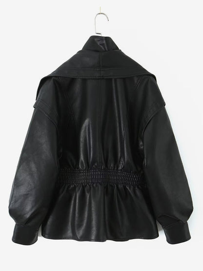 Oversized Wide Lapel Faux Leather Jacket Elastic Cinched Waist Two-Tone Black Brown Outerwear