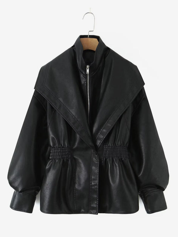 Oversized Wide Lapel Faux Leather Jacket Elastic Cinched Waist Two-Tone Black Brown Outerwear