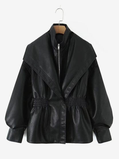Oversized Wide Lapel Faux Leather Jacket Elastic Cinched Waist Two-Tone Black Brown Outerwear
