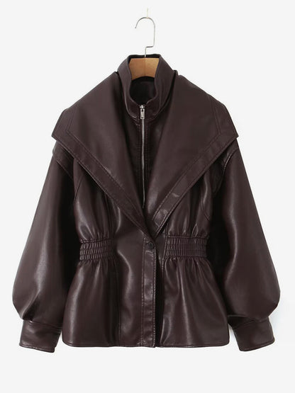 Oversized Wide Lapel Faux Leather Jacket Elastic Cinched Waist Two-Tone Black Brown Outerwear