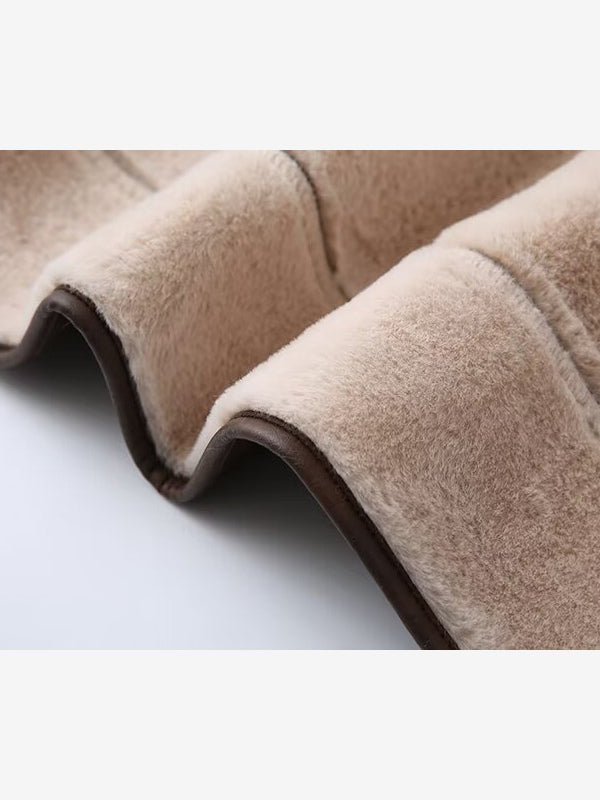 Retro Oversized Shearling Trim Leather Coat Belted Waist Plush Lining Cold Weather Jacket