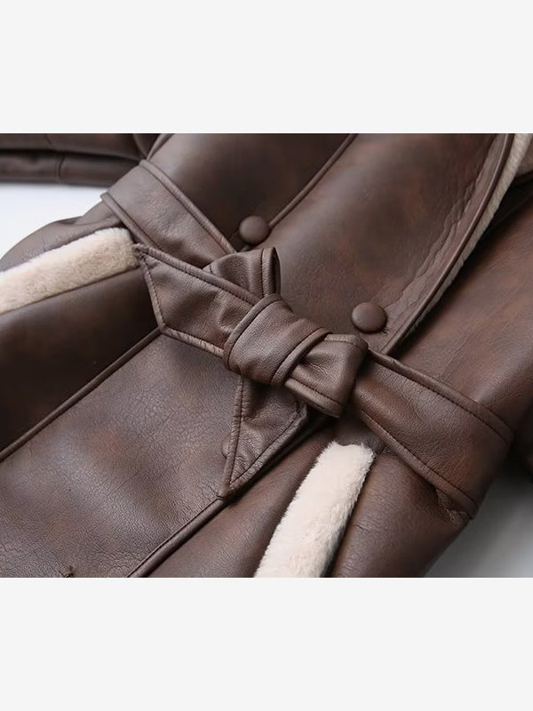 Retro Oversized Shearling Trim Leather Coat Belted Waist Plush Lining Cold Weather Jacket