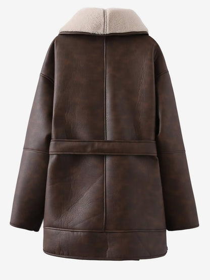 Retro Oversized Shearling Trim Leather Coat Belted Waist Plush Lining Cold Weather Jacket