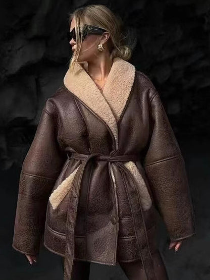 Retro Oversized Shearling Trim Leather Coat Belted Waist Plush Lining Cold Weather Jacket