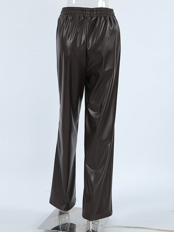 Elastic Drawstring Waist Faux Leather Wide Leg Pants Black Brown Loose Casual Trousers