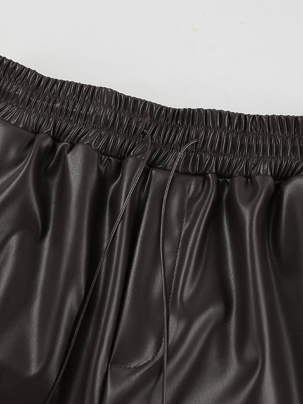 Elastic Drawstring Waist Faux Leather Wide Leg Pants Black Brown Loose Casual Trousers