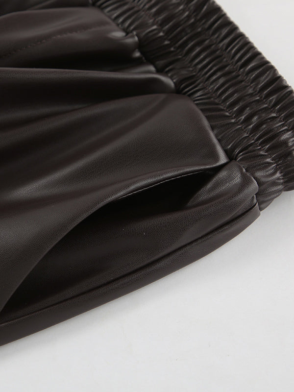Elastic Drawstring Waist Faux Leather Wide Leg Pants Black Brown Loose Casual Trousers