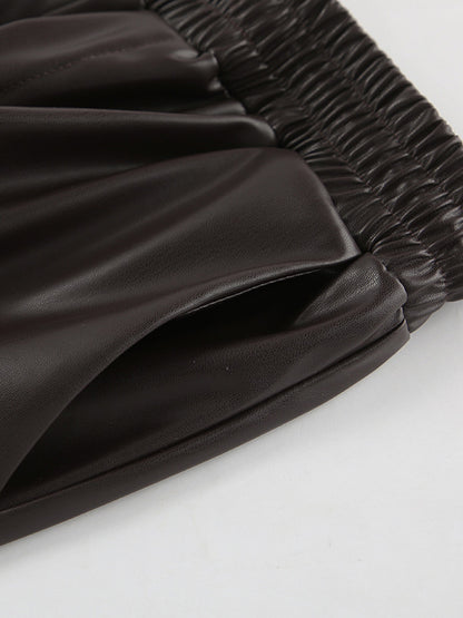 Elastic Drawstring Waist Faux Leather Wide Leg Pants Black Brown Loose Casual Trousers