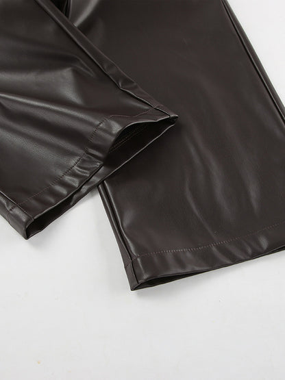 Elastic Drawstring Waist Faux Leather Wide Leg Pants Black Brown Loose Casual Trousers