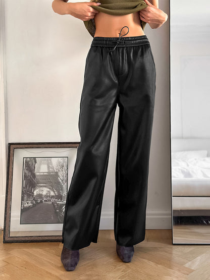 Elastic Drawstring Waist Faux Leather Wide Leg Pants Black Brown Loose Casual Trousers