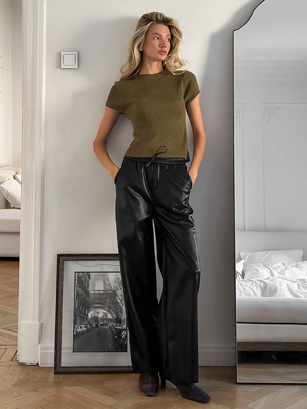 Elastic Drawstring Waist Faux Leather Wide Leg Pants Black Brown Loose Casual Trousers