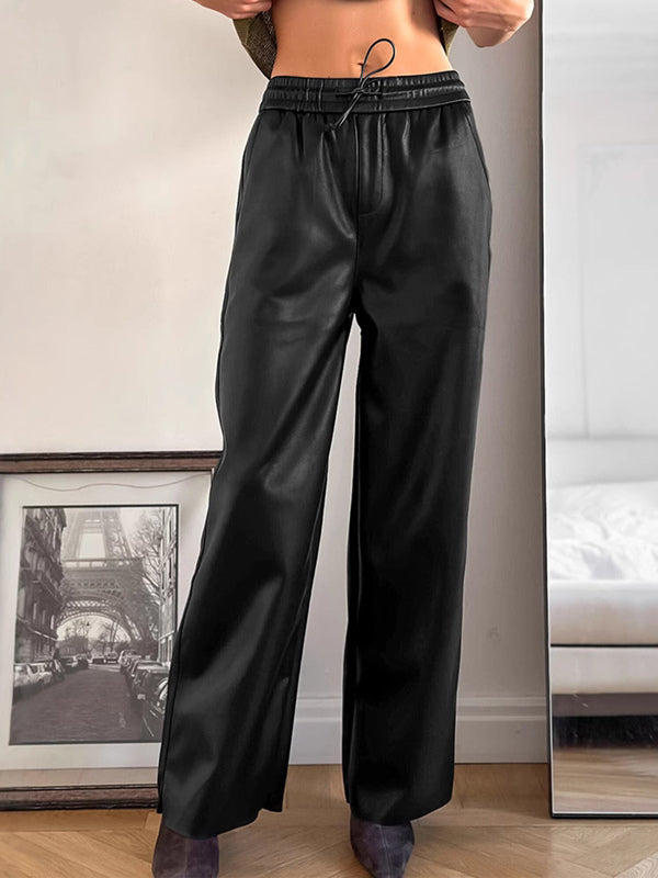 Elastic Drawstring Waist Faux Leather Wide Leg Pants Black Brown Loose Casual Trousers