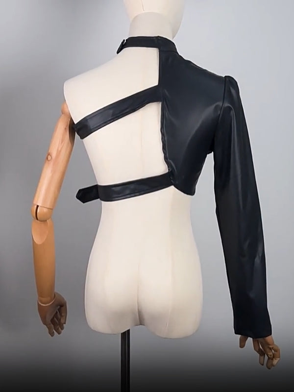 Single Long Sleeve Faux Leather Crop Top Choker Harness Strap Cutout Back Club Tops