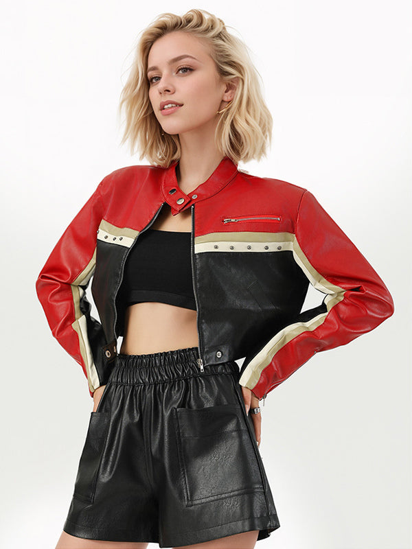 Color Block Cropped Moto Jacket Stand Collar Zip Front Contrast Stripe Faux Leather Coat