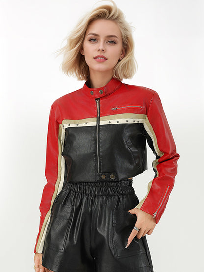 Color Block Cropped Moto Jacket Stand Collar Zip Front Contrast Stripe Faux Leather Coat