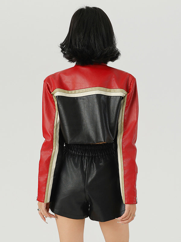 Color Block Cropped Moto Jacket Stand Collar Zip Front Contrast Stripe Faux Leather Coat