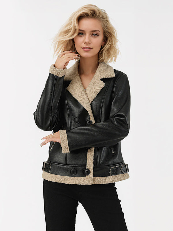 Women's Faux Shearling Lined Leather Jacket Lapel Double Breasted Warm Winter Biker Coat