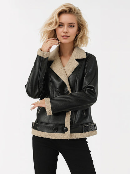 Women's Faux Shearling Lined Leather Jacket Lapel Double Breasted Warm Winter Biker Coat