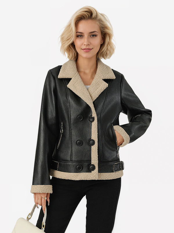 Women's Faux Shearling Lined Leather Jacket Lapel Double Breasted Warm Winter Biker Coat
