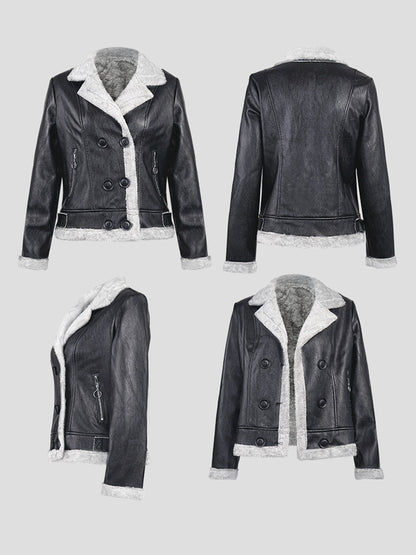 Women's Faux Shearling Lined Leather Jacket Lapel Double Breasted Warm Winter Biker Coat