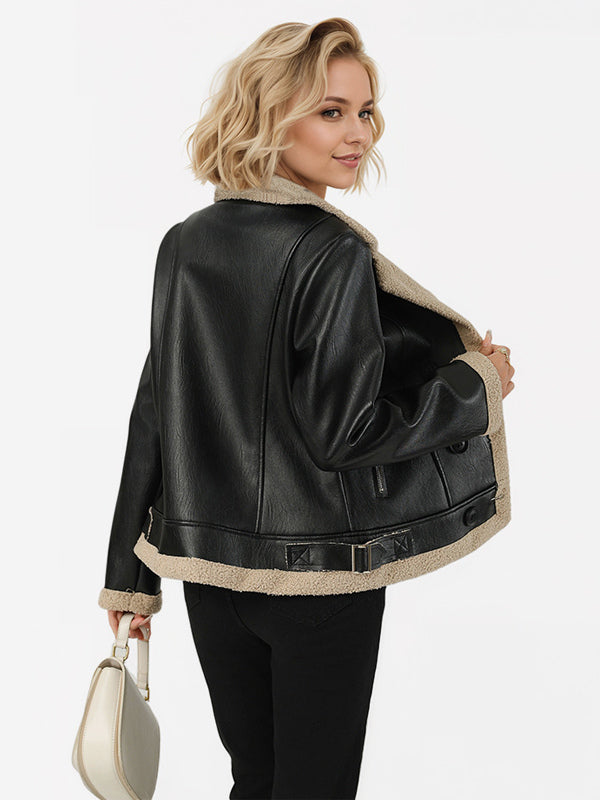 Women's Faux Shearling Lined Leather Jacket Lapel Double Breasted Warm Winter Biker Coat
