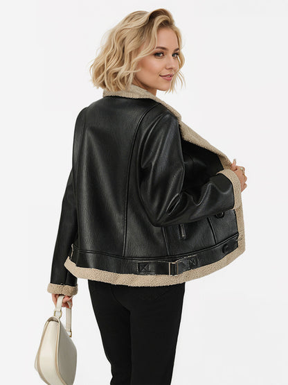 Women's Faux Shearling Lined Leather Jacket Lapel Double Breasted Warm Winter Biker Coat