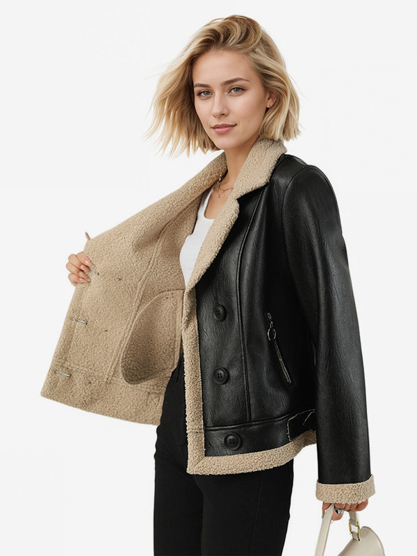 Women's Faux Shearling Lined Leather Jacket Lapel Double Breasted Warm Winter Biker Coat