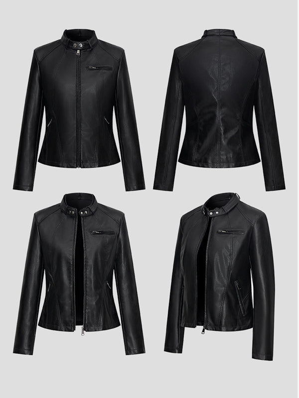 Stand Collar Zip Up Leather Jacket Slim Fit Side Zipper Pocket Solid Black Outer Coat