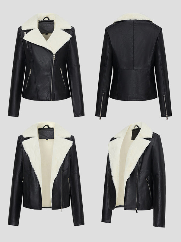 Fleece Lined Moto Jacket Wide Shearling Lapel Asym Zip Warm Faux Leather Coat