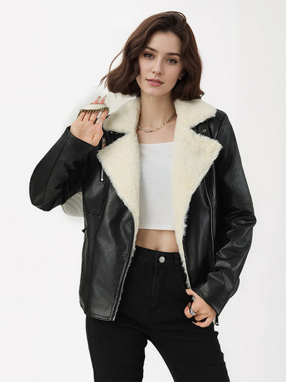 Fleece Lined Moto Jacket Wide Shearling Lapel Asym Zip Warm Faux Leather Coat