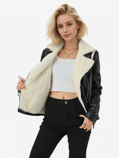 Fleece Lined Moto Jacket Wide Shearling Lapel Asym Zip Warm Faux Leather Coat