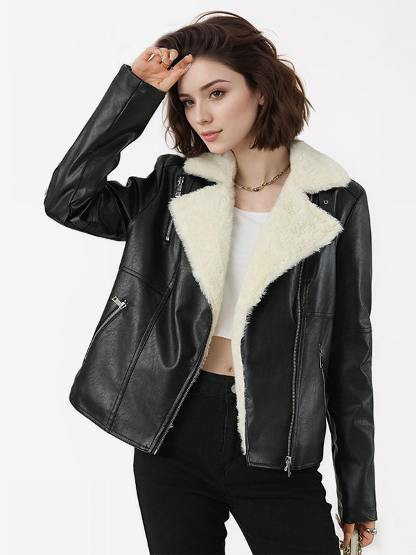 Fleece Lined Moto Jacket Wide Shearling Lapel Asym Zip Warm Faux Leather Coat
