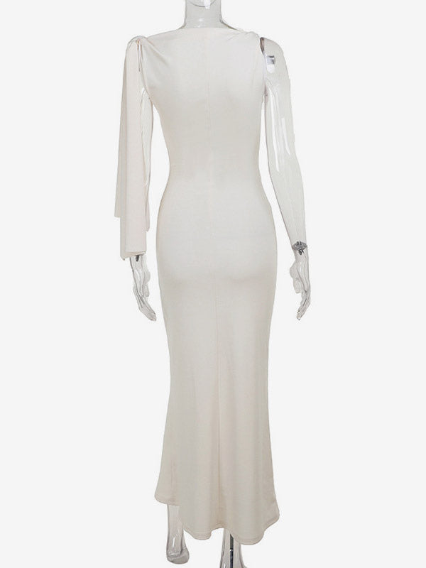 Party Dresses Black Cream Off Shoulder Mermaid Maxi Dress Sash Tie Long Sleeve Evening Gown