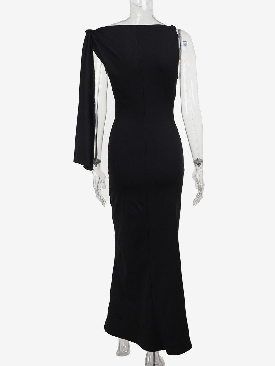 Party Dresses Black Cream Off Shoulder Mermaid Maxi Dress Sash Tie Long Sleeve Evening Gown