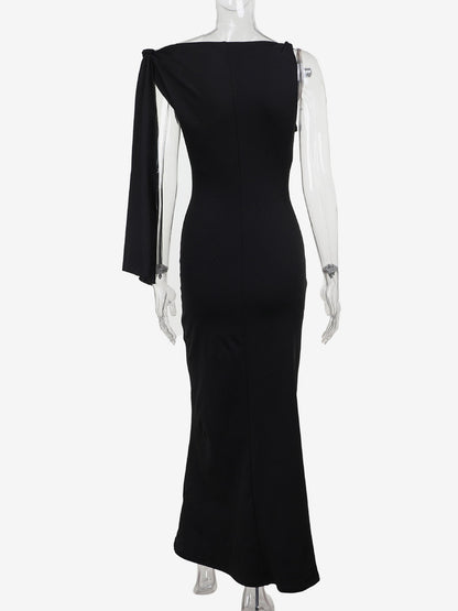 Party Dresses Black Cream Off Shoulder Mermaid Maxi Dress Sash Tie Long Sleeve Evening Gown