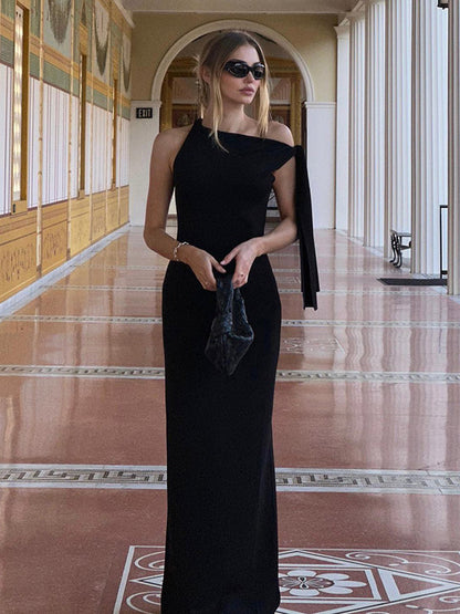 Party Dresses Black Cream Off Shoulder Mermaid Maxi Dress Sash Tie Long Sleeve Evening Gown