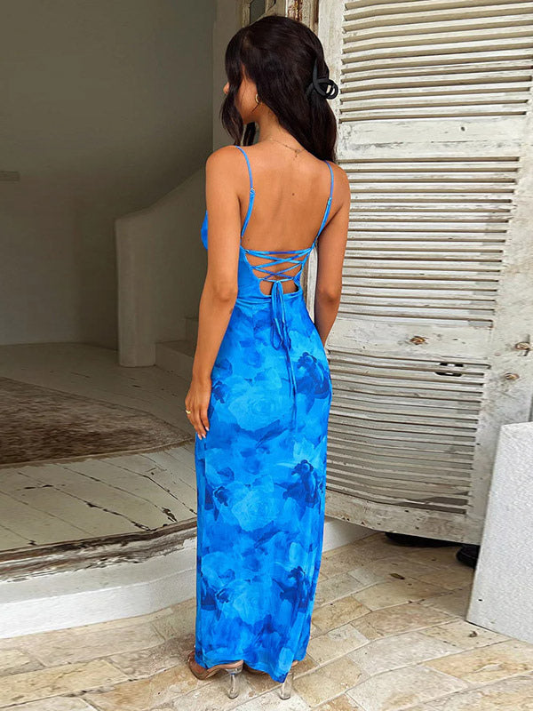 Vacation Dresses Floral Print Spaghetti Strap Midi Back Lace Up Ruched Front Side Slit Bodycon Dress