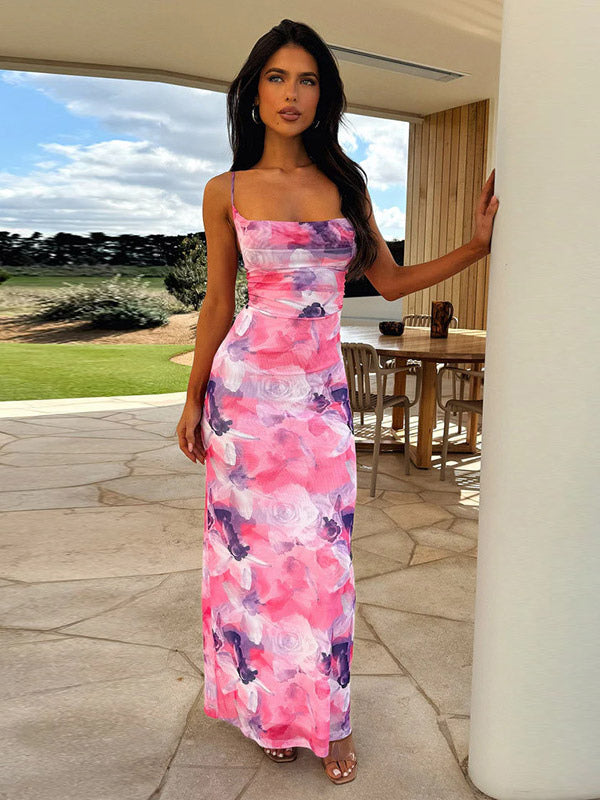 Vacation Dresses Floral Print Spaghetti Strap Midi Back Lace Up Ruched Front Side Slit Bodycon Dress
