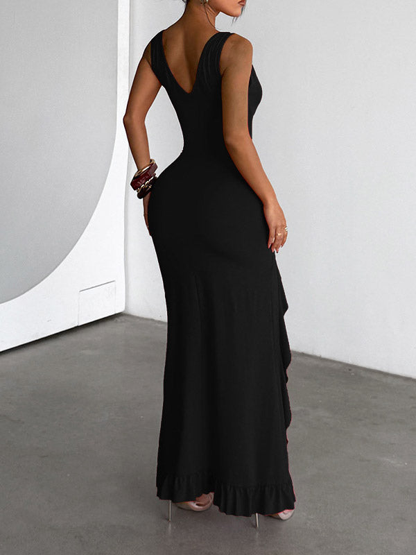 Vacation Dresses V Neck Spaghetti Strap Maxi Dress High Slit Ruffle Hem Mermaid Bodycon Party Gown