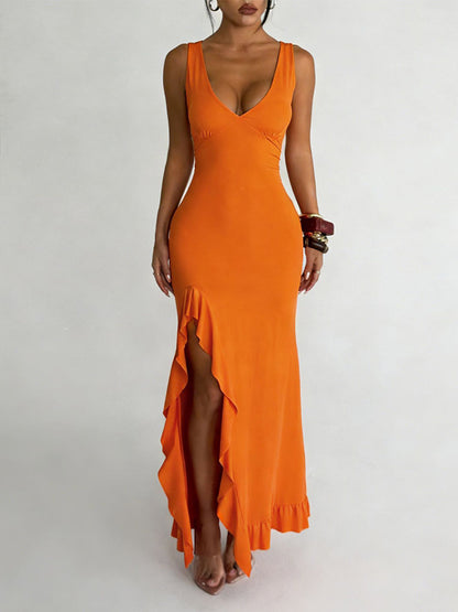 Vacation Dresses V Neck Spaghetti Strap Maxi Dress High Slit Ruffle Hem Mermaid Bodycon Party Gown