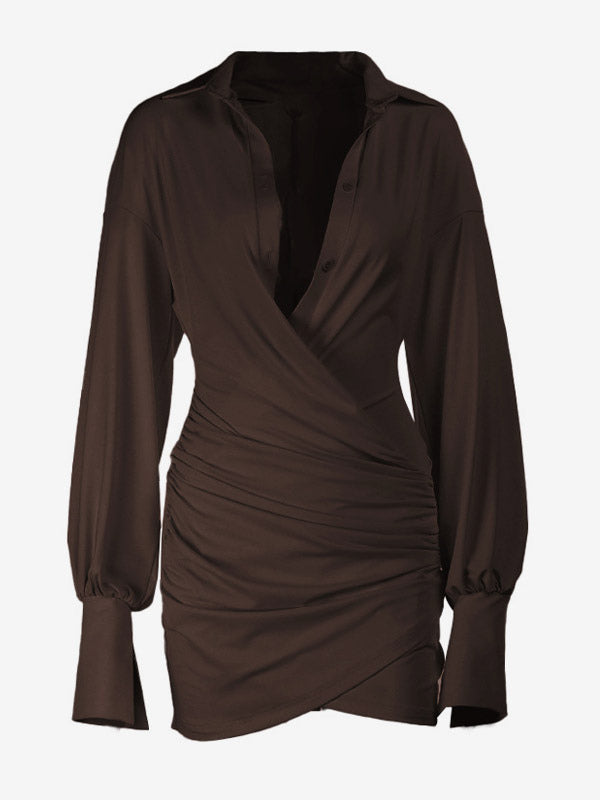 Party Dresses Surplice Wrap Shirt Mini Dress Long Sleeve Collar Ruched Slim Party Bodycon Dress