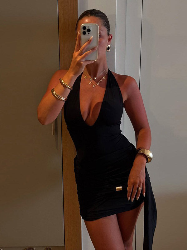 Halter Deep V 2 Piece Outfit Ruched Mini Skirt Set Back Tie Cutout Waist Club Set