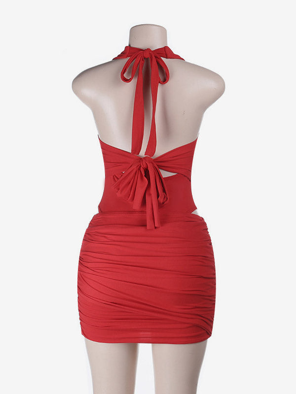 Halter Deep V 2 Piece Outfit Ruched Mini Skirt Set Back Tie Cutout Waist Club Set