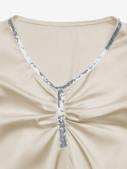 Champagne Satin Long Sleeve Bodysuit V Neck Rhinestone Trim Ruched Front Puff Sleeve Slim Top