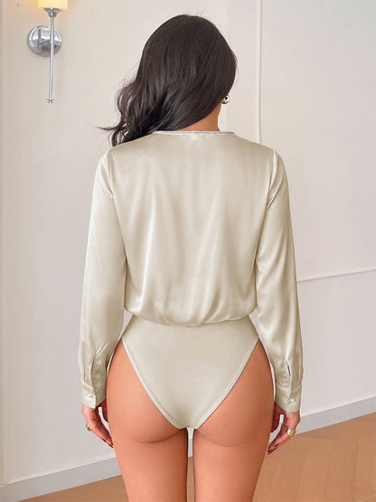 Champagne Satin Long Sleeve Bodysuit V Neck Rhinestone Trim Ruched Front Puff Sleeve Slim Top