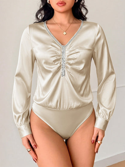 Champagne Satin Long Sleeve Bodysuit V Neck Rhinestone Trim Ruched Front Puff Sleeve Slim Top