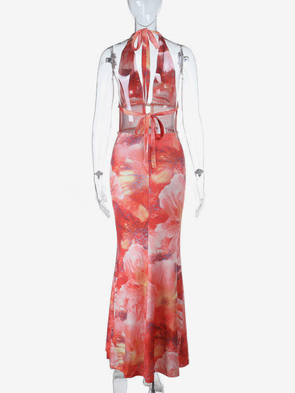 Vacation Dresses Red Floral Print Halter Maxi Dress Deep V Cutout Waist Gold Trim Back Tie Mermaid Party Gown